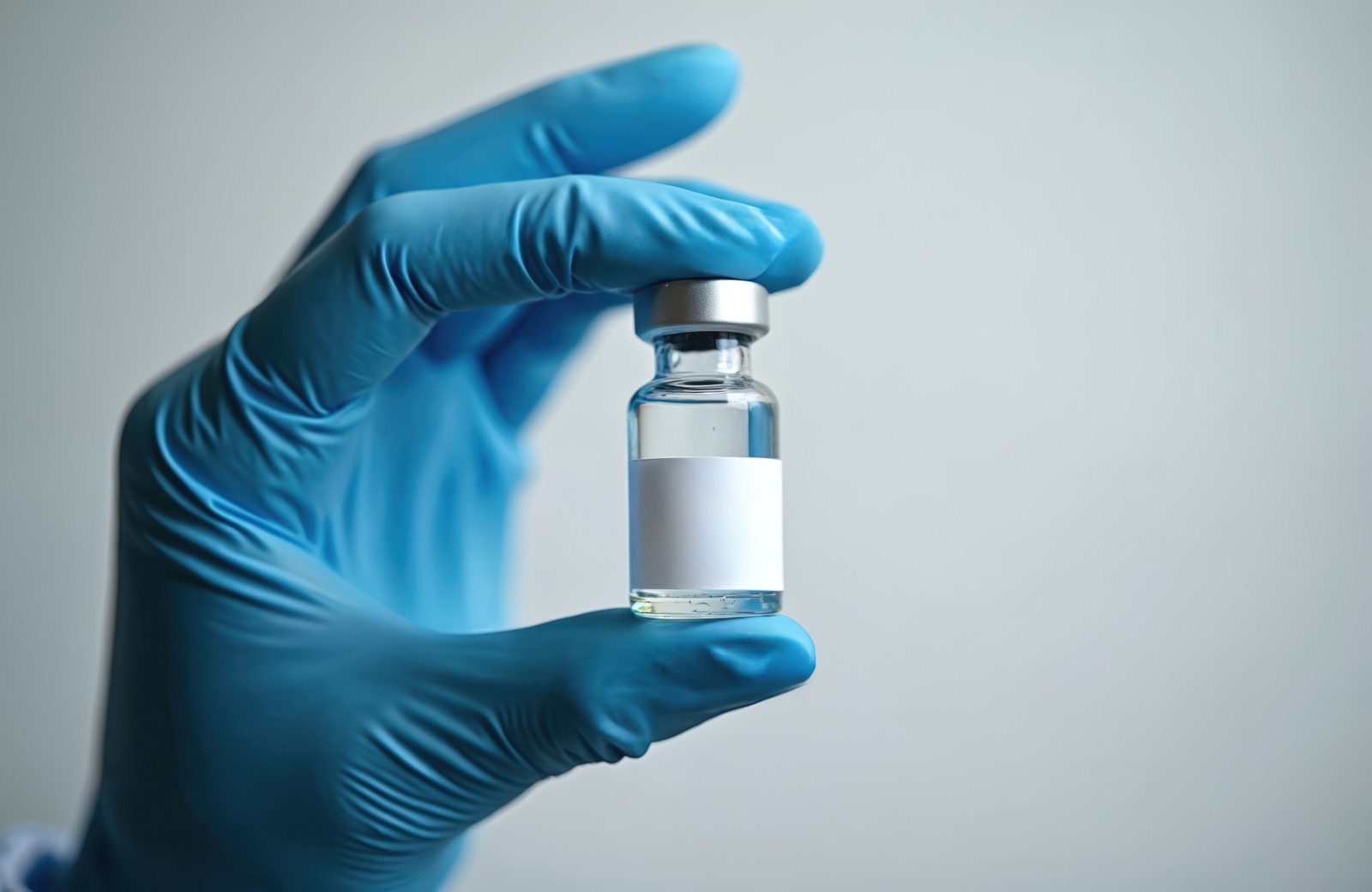 Gloved hand holding a clear vial with a blank white label — no manufacturer, no lot number, no identifying information