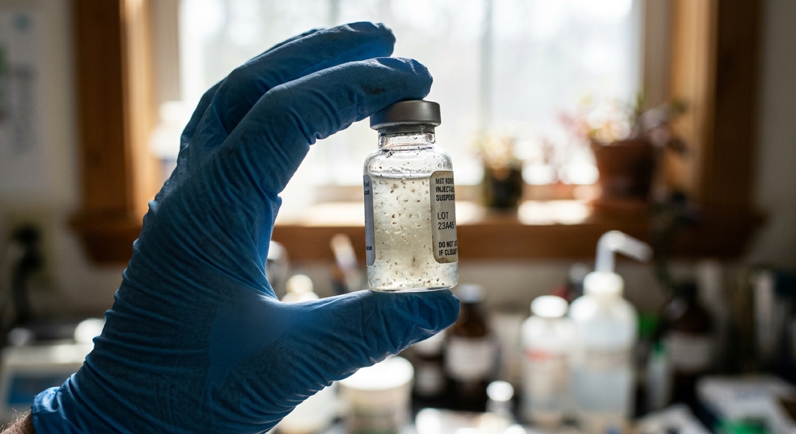 Syringe filled with cloudy, contaminated liquid with visible particles, the kind of product community harm-reduction guides say to discard