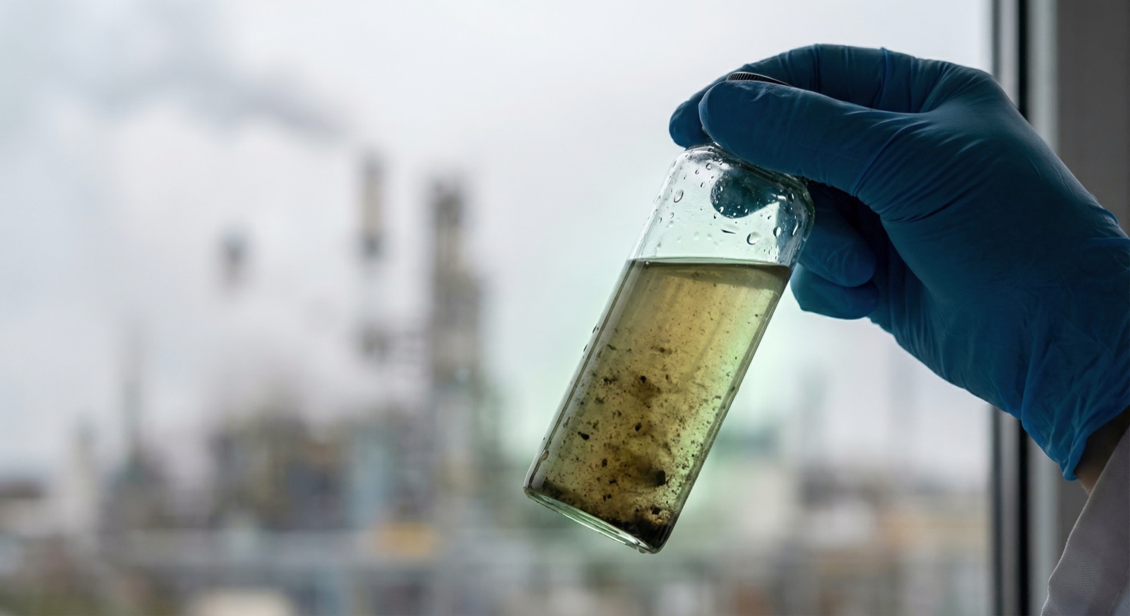 Gloved hand holding a murky, discolored vial up for inspection with a manufacturing facility visible in the background