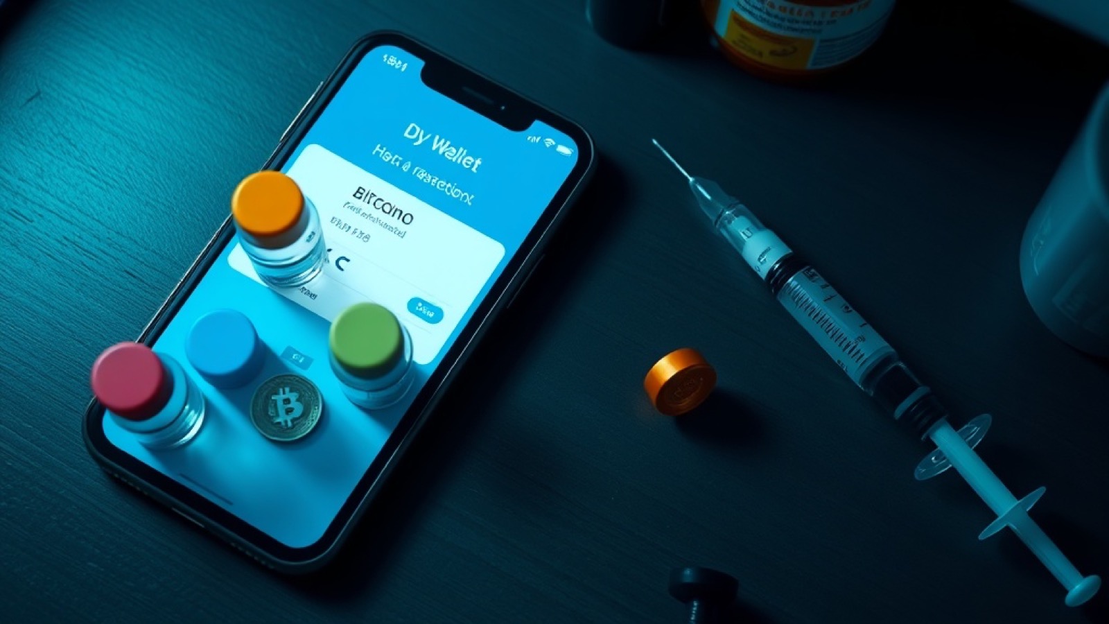 Phone showing a Bitcoin wallet screen next to glass vials of gray-market peptides, the untraceable payment method of the unregulated market