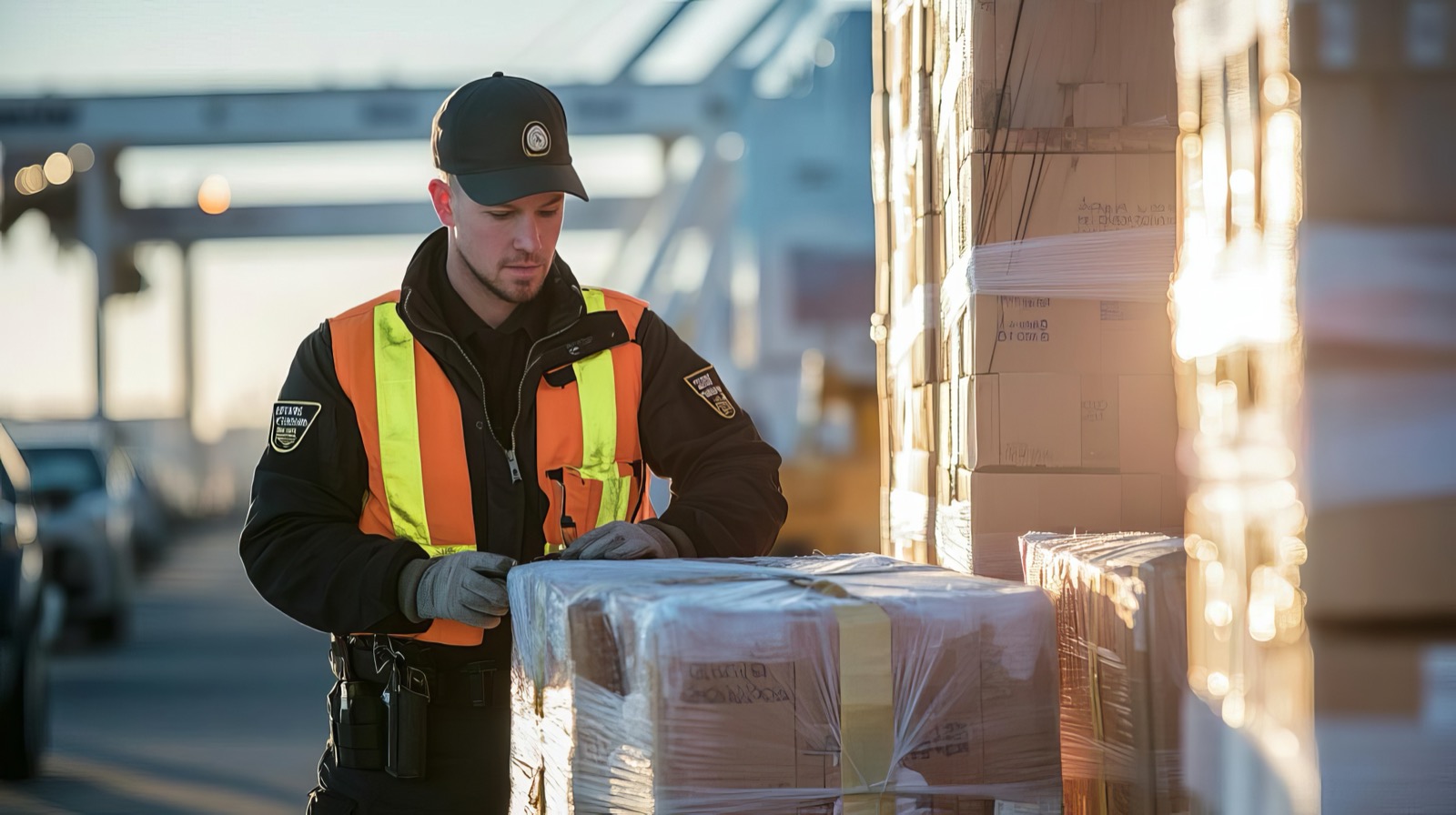 Customs officer in orange safety vest inspecting packages at a border facility