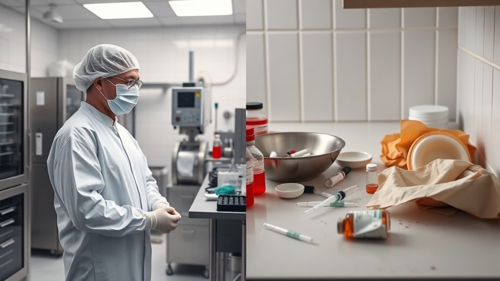 Split image showing a sterile pharmaceutical cleanroom on the left versus a messy kitchen counter with vials on the right — where drugs should be made versus where they actually are