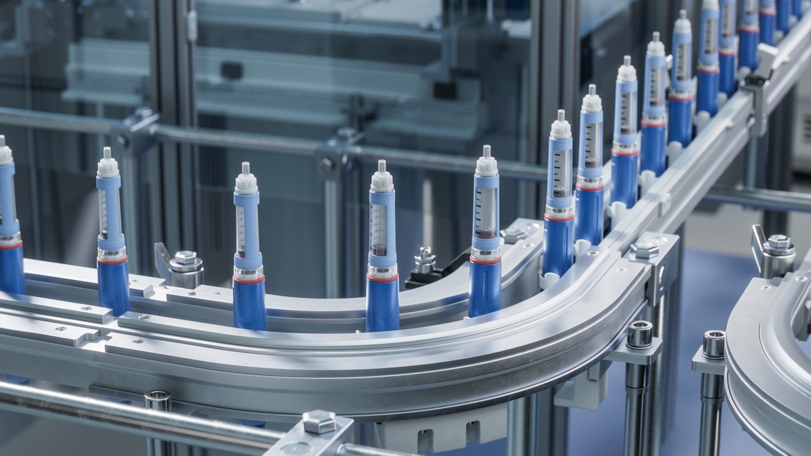 Blue injection pens moving along a legitimate pharmaceutical manufacturing conveyor belt under controlled conditions