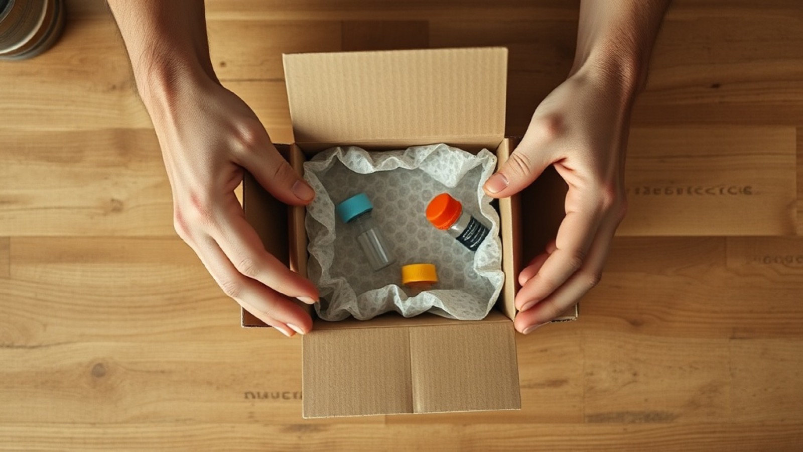 Hands opening a small box revealing unlabeled vials inside, the final step in the unregulated supply chain to your doorstep