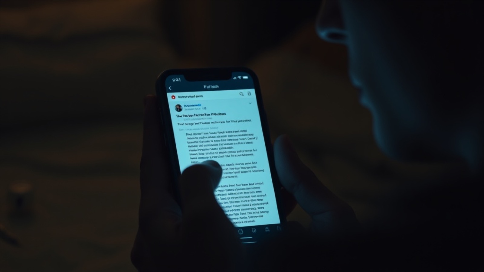 Person holding a phone displaying an online forum discussion in dim light, a peptide vial visible nearby