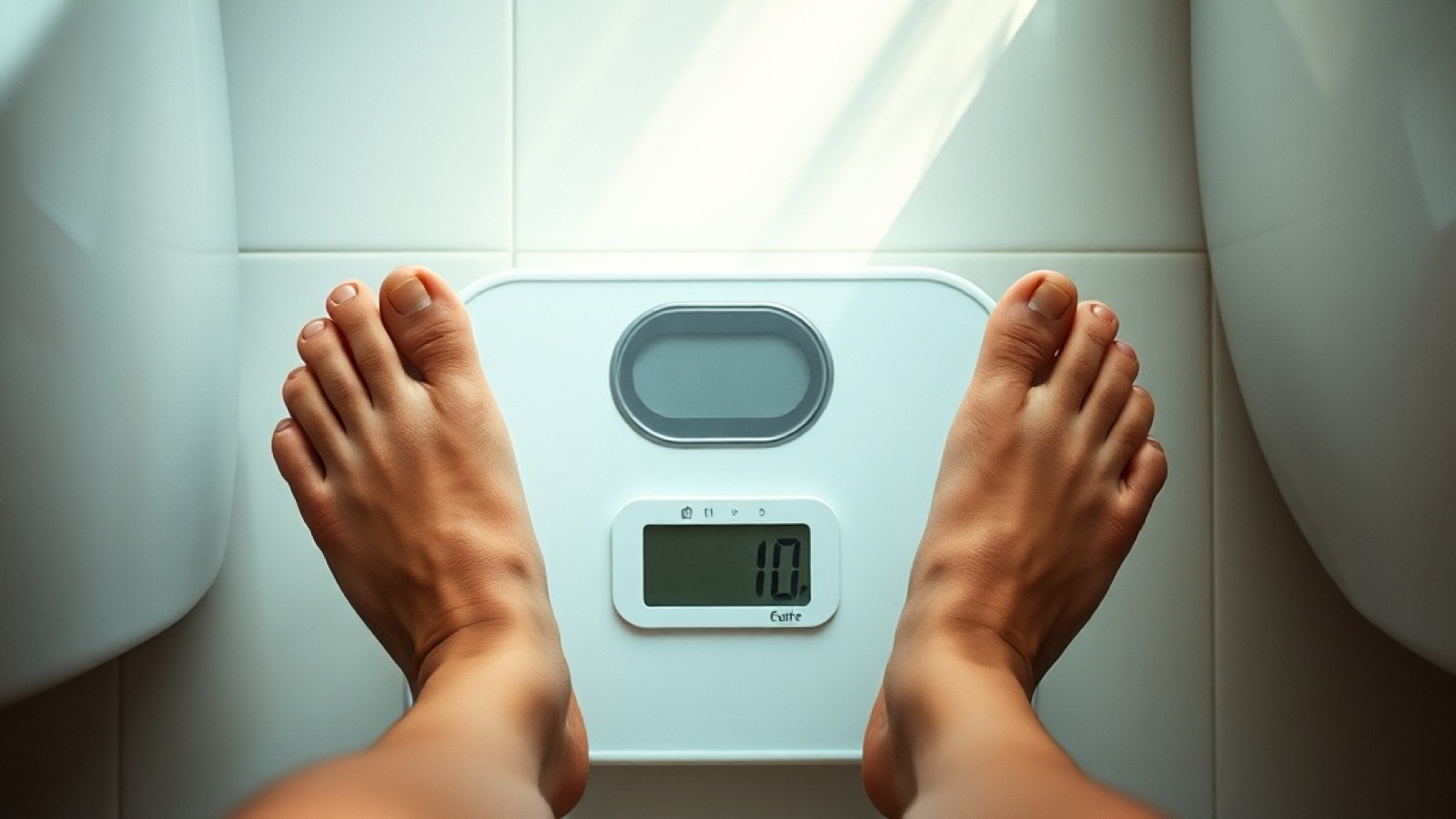 Person's bare feet standing on a bathroom scale, looking down at the number, the moment of decision that drives people toward gray-market drugs