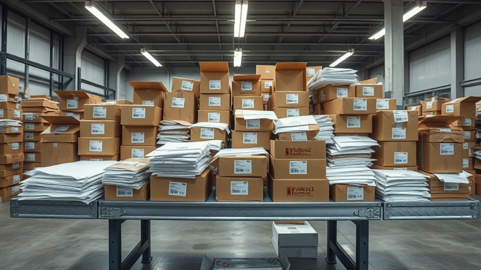 Pile of opened boxes on an inspection table with evidence tape in a warehouse, seized gray-market peptide shipments