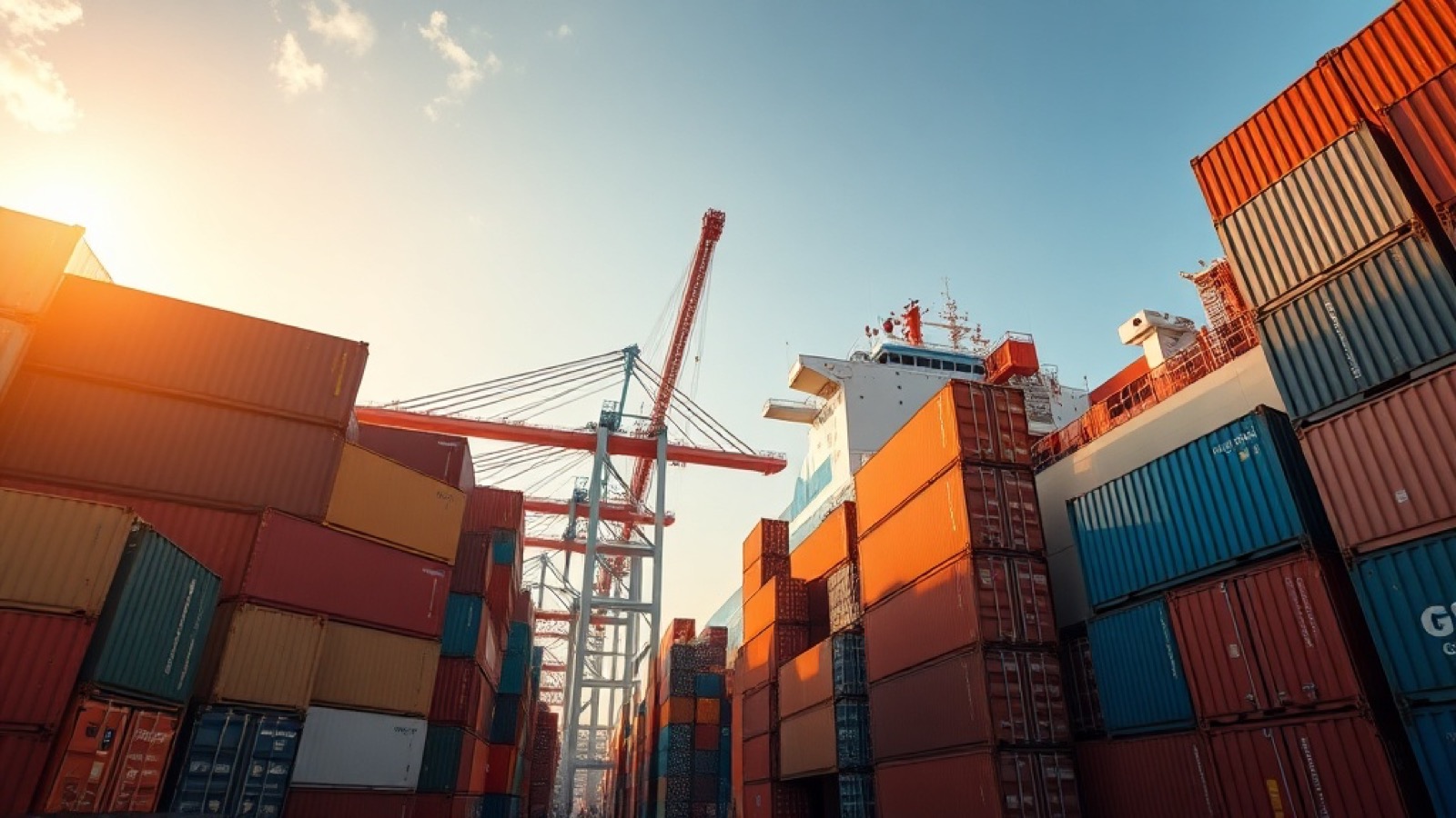 Colorful shipping containers stacked at a port with a cargo ship in golden-hour light, the logistics infrastructure of the gray-market supply chain