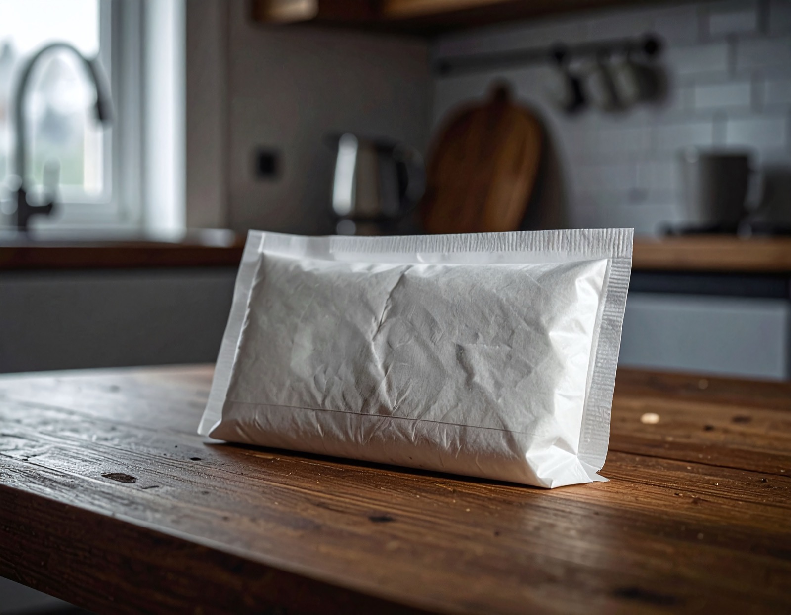 Plain white unmarked mailer package on a kitchen counter, the final step in an unregulated supply chain