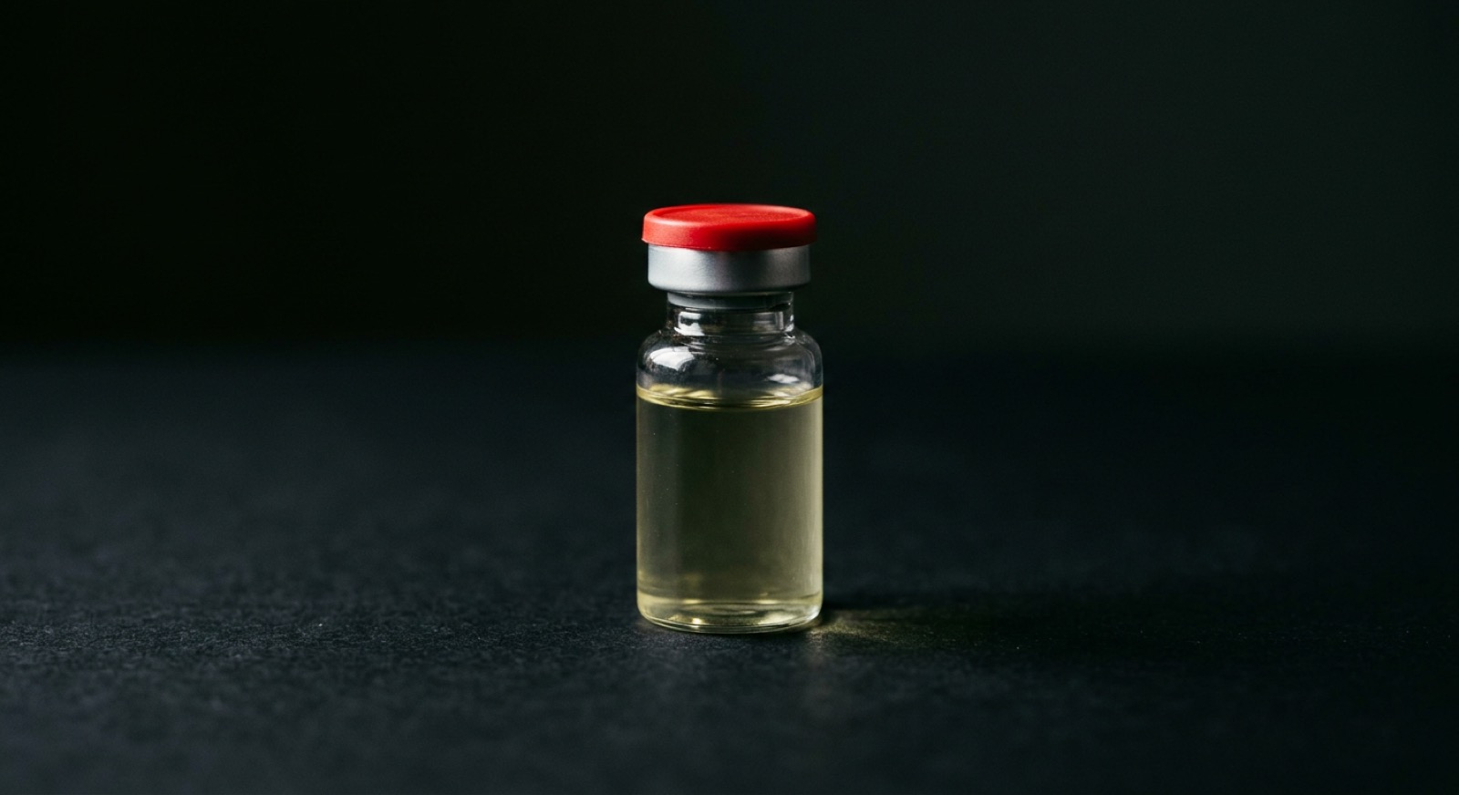 Close-up of a pharmaceutical vial with red and yellow caution label under dramatic lighting, a warning sign for contaminated gray-market products